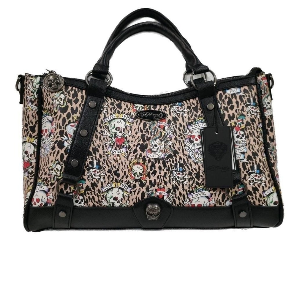 Ed Hardy Leopard Tattoo Print Satchel Handbag with Skull Hardware